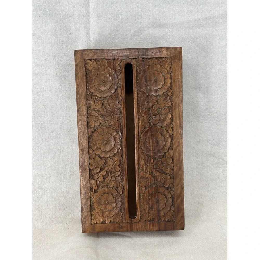 Hand Carved Floral Wooden Tissue Box Cover Holder Case with Removable Bottom